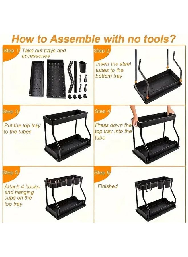 2Pcs Black 2 Tier Pull Out Storage Rack Kitchen Bathroom Organizer Multi Compartment - Image 5